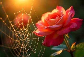 A rose with a spiderweb covered in morning dew drops