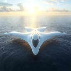 Futuristic aircraft over tranquil waters at sunrise.