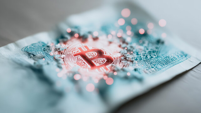 Bitcoin and British Currency: A close-up, high-angle shot highlights a British pound note with a holographic Bitcoin symbol superimposed, suggesting a future blend of finance.