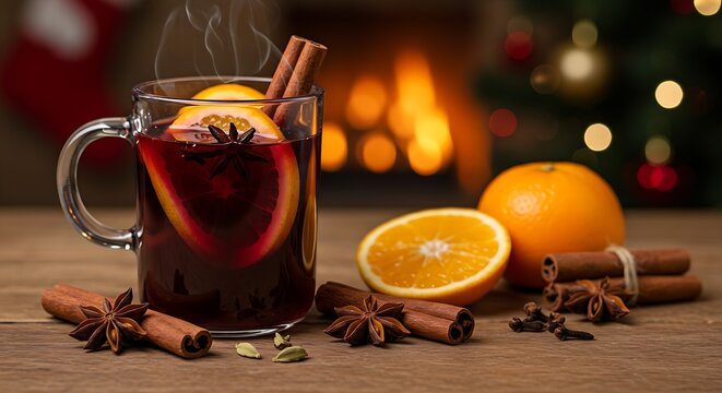 a bubbling, rich red wine mulled wine with sliced oranges, cinnamon sticks, star anise, and cloves, steaming in a festive ceramic mug with a cozy, blurred fireplace and Christmas tree in the backgroun - Powered by Adobe