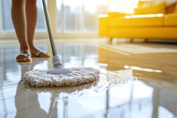 Happy female housekeeper service worker wiping the table surface with a cleaner product to remove dust, Generative AI
