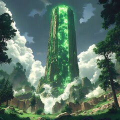 Tower of shimmering light in a lush landscape.