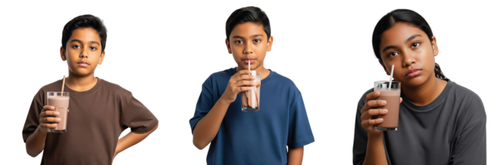 Three diverse children, two boys and one girl, looking unenthusiastic and bored while holding and drinking sugary chocolate milk, highlighting common childhood aversion to bland or overly sweet drinks