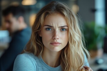 Obraz premium in the workplace, unhappy female employee looking at the bosss hand on her shoulder and feeling disgusted, Generative AI