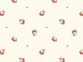Seamless pattern with red berry branches and green leaves in hand-drawn vector style. Light beige background, soft muted tones. Ideal for fabric, wrapping paper, stationery, seasonal design.