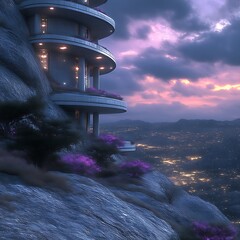 Modern architectural  perched atop a mountain overlooking a city at twilight.