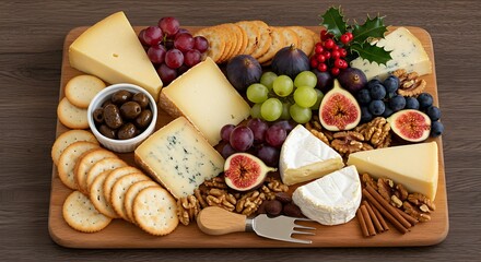a festive cheese board, laden with various cheeses, crackers, grapes, figs, nuts, and a sprig of holly, arranged artfully on a wooden board.