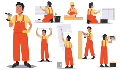 Handyman. A worker who performs any kind of work. Laborman, builder and electrician, plumber and painter character set