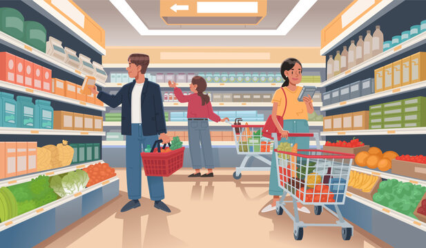 Grocery store. Supermarket, people choosing goods on the shelves of the store. Vector illustration - Powered by Adobe