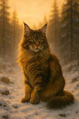 Obraz premium AI-generated image - A majestic Maine Coon cat with beautiful fur and striking eyes sits gracefully in a serene, snow-covered winter forest, embodying the wild spirit and elegance of nature.