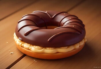 A chocolate donut with cream on a wooden surface