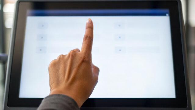 Person interacts with touchscreen device, emphasizing importance of preventive cancer screening through technology