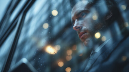 A thoughtful man in a suit looks out a window at the city