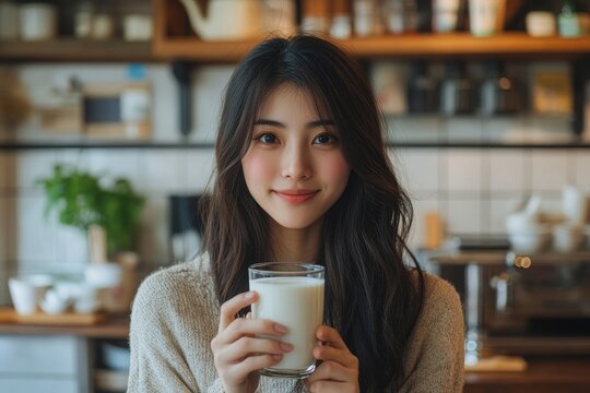 Young Asian woman holding a glass of milk in the kitchen, nourishing her  with a healthy beverage, Generative AI