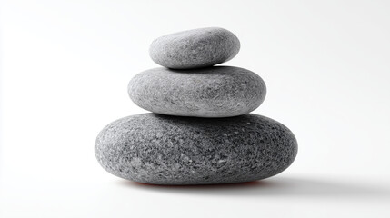 Fototapeta premium Zen Stones Stacked in Perfect Balance: A minimalist stack of three smooth, gray pebbles on a white background, symbolizing harmony and peace.