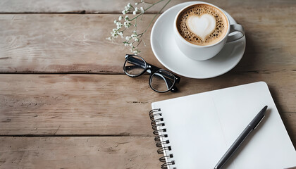 Cozy Workspace Overhead View of Rustic Wooden Desk with Coffee, Notebook, and Flowers