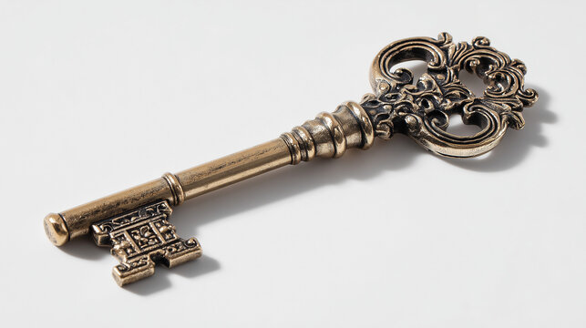 Antique Skeleton Key on a White Background: A detailed photograph of a single, ornate vintage key, representing access and security.