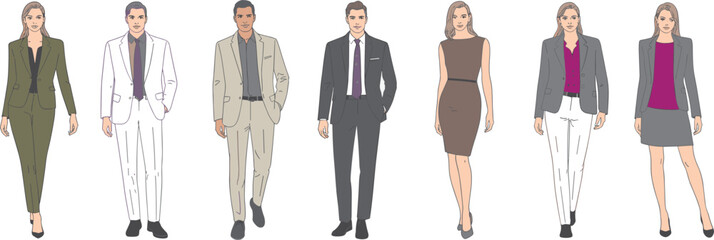 Business casual outfits lineup cad drawing flat vector illustration, corporate style mix with suits and dresses, front and back view layoutBusiness casual outfits 