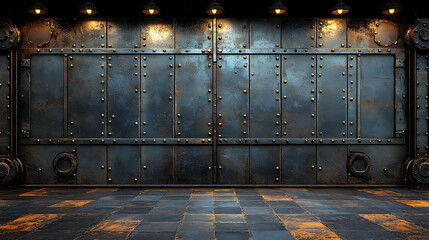 Riveted Steel Doorway with Overhead Lights and Tiled Floor in a