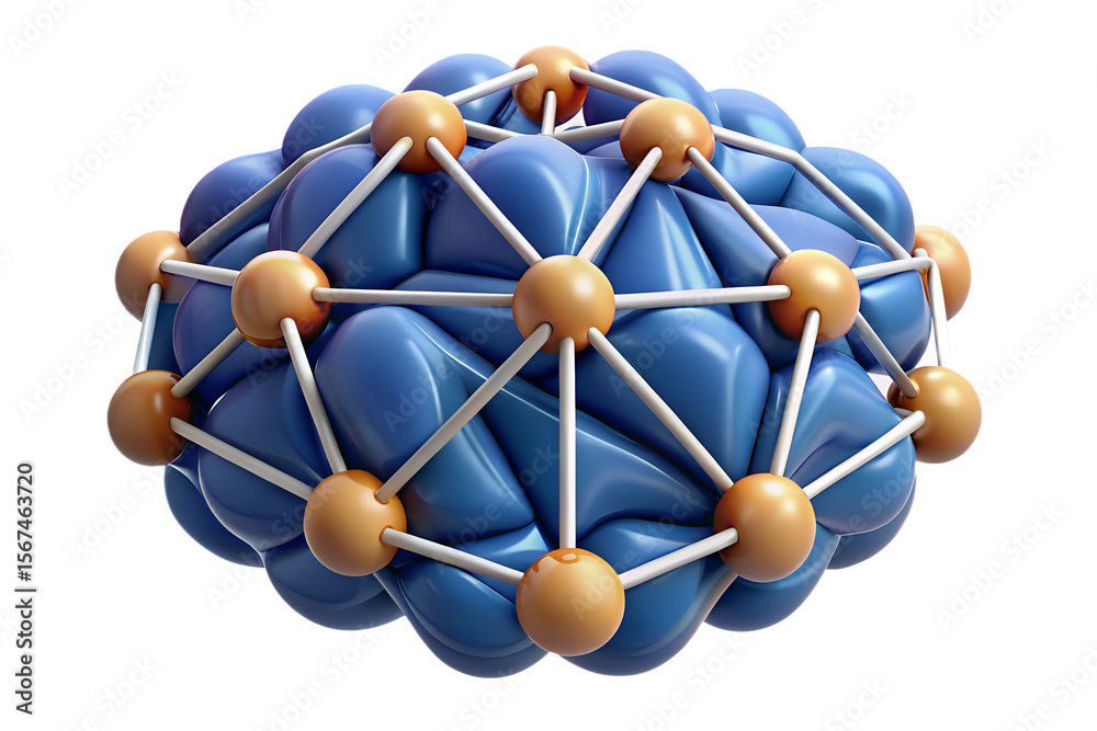 Poster a captivating blue molecular structure with golden nodes connected by lines, creating an abstract sc