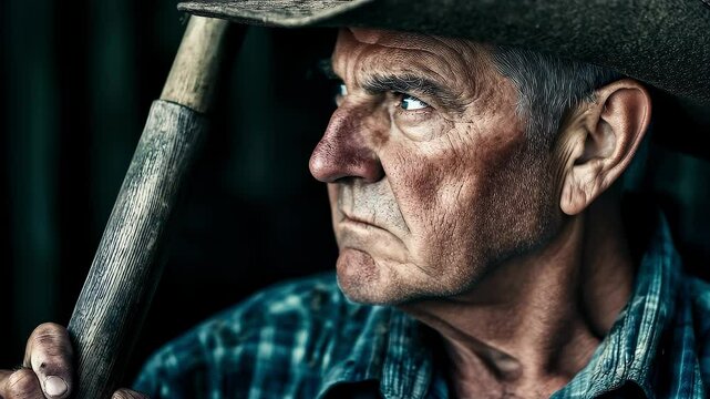 Weathered Farmer with Determined Gaze Holding Tool