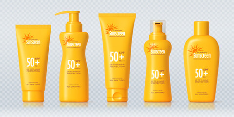 Sunscreen cosmetic bottle mockups, skincare cream protection product in vibrant yellow containers featuring spf 50 plus labeling. Realistic 3d vector bottles with pump and flip caps for all skin types