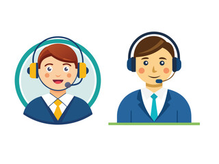 Two friendly cartoon male customer service representatives wearing headsets and suits isolated on white background
