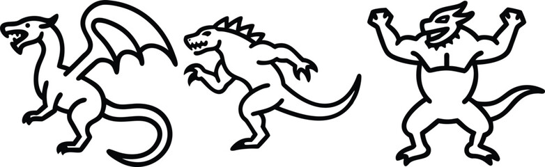 Fototapeta premium Three stylized dragons in a row with different poses and expressions