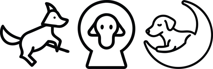 Simple line art icons of a dog jumping a dog in a circle and a dog on a crescent moon
