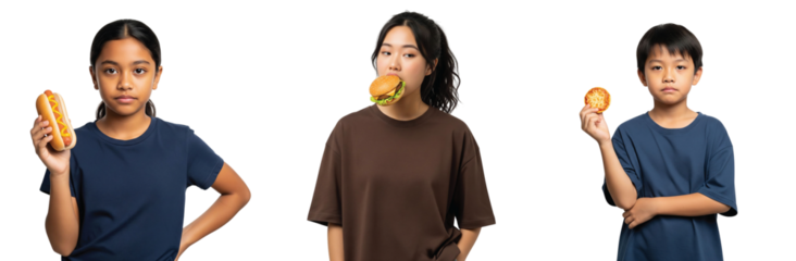 Three diverse children, two girls and one boy, looking unenthusiastic and bored while holding and eating various fast food items like a hot dog, hamburger, and savory pastry