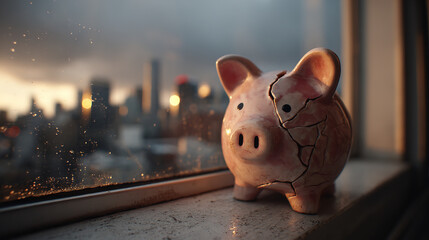 A broken piggy bank with a cityscape backdrop, representing financial difficulties.
