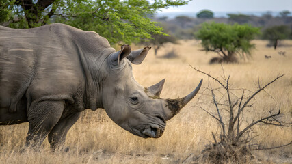 Obraz premium A solitary rhino strides through lush green grass, embodying the beauty of wildlife in its natural environment