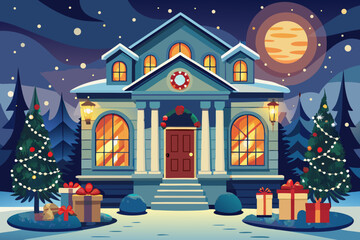 Fototapeta premium Cozy Christmas House Festive Night Scene with Snow, Gifts, and Lights
