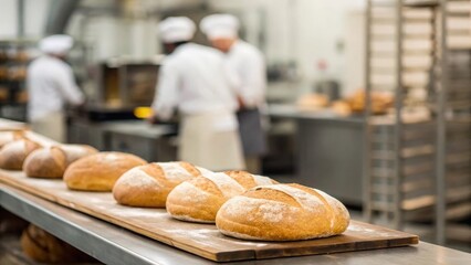 Blurred commercial bakery kitchen with fresh bread loaves on preparation table
