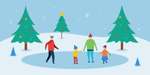 Festive Christmas tree and snowman illustration with gifts in a snowy winter landscape, perfect for holiday celebration cards