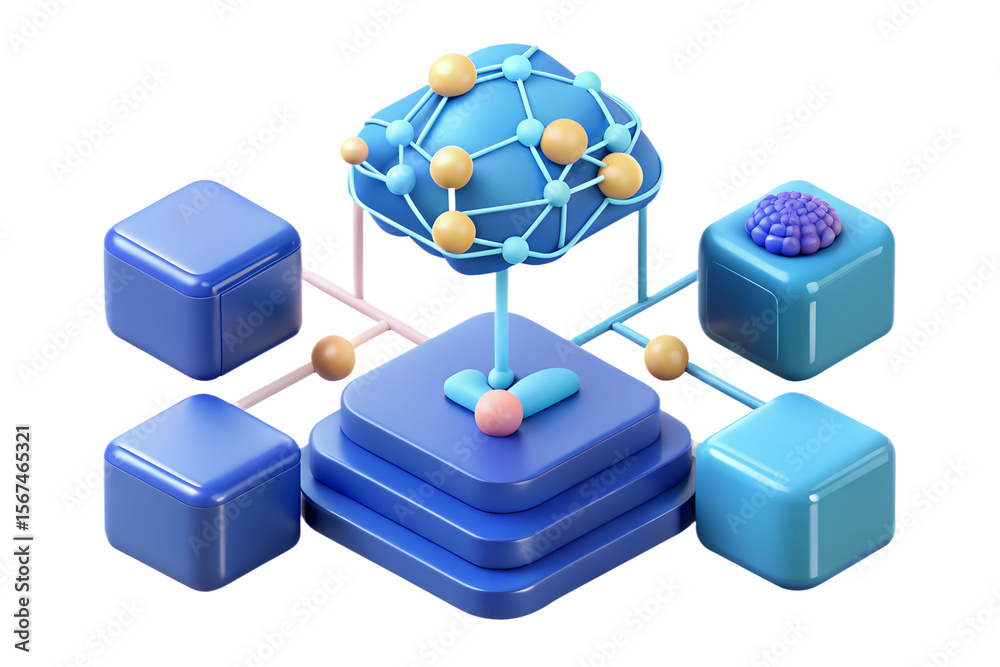 Poster conceptual abstract artificial intelligence scene featuring blue cubes, a data cloud and network nod