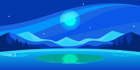 Moonlit winter night over the ocean with stars and the reflection of light on the water