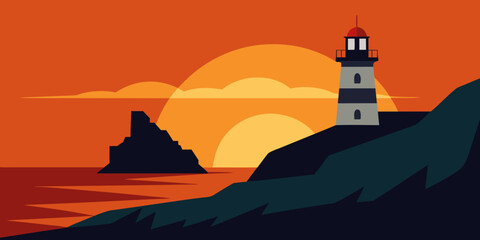 Sunset casts a warm light on a solitary lighthouse tower standing on a rocky island coastline, a beacon overlooking the sea