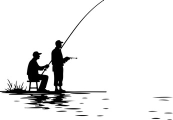 silhouette of a fisherman and a fishing, fishing, fisherman, silhouette, sport, fish, rod, vector, people, leisure, illustration, water, sea, sunset, angler, rope, person, hobby, woman, fun, black