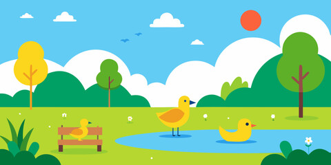 Serene Park Scene Ducks, Pond, and Lush Greenery