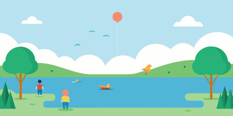 Serene Lakeside Summer Children Enjoying a Peaceful Day by the Water