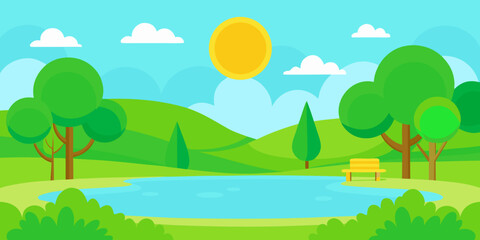 Fototapeta premium Serene Lakeside Park A Picturesque Summer Landscape Illustration