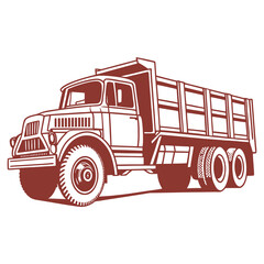 Retro style illustration of a vintage heavy duty dump truck with a large cargo bed and dual rear wheels
