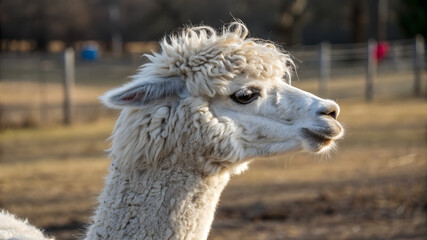 Obraz premium A side view of an alpaca's head, highlighting its gentle features and fluffy coat in a close-up shot.