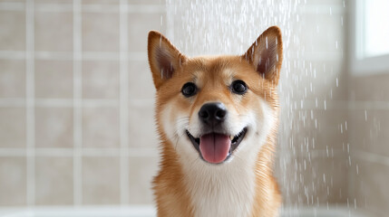 Happy shiba inu dog enjoying a refreshing shower indoors