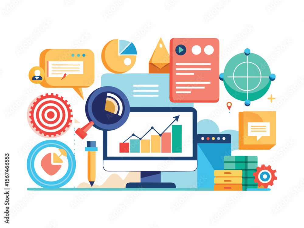 Poster business analytics and strategy icons with charts graphs and data analysis tools isolated on white b