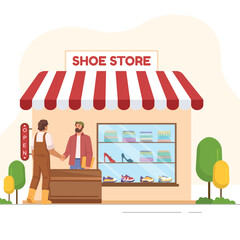 Flat Vector Illustration of Customer and Shopkeeper Shaking Hands Outside Shoe Store &ndash; EPS