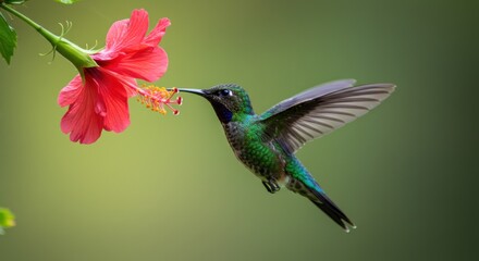 Fototapeta premium Vibrant Hummingbird Hovering Near a Brilliant Red Flower to Drink Nectar