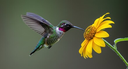 Fototapeta premium Vibrant hummingbird with iridescent feathers gathers nectar from a bright yellow bloom