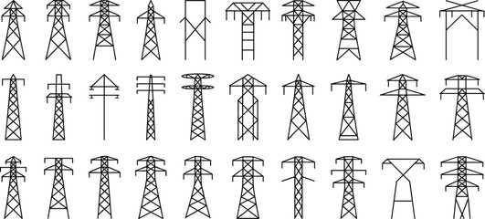 High voltage electric tower icon set, transmission power line pylon collection, electricity distribution infrastructure vector silhouettes for energy utility design